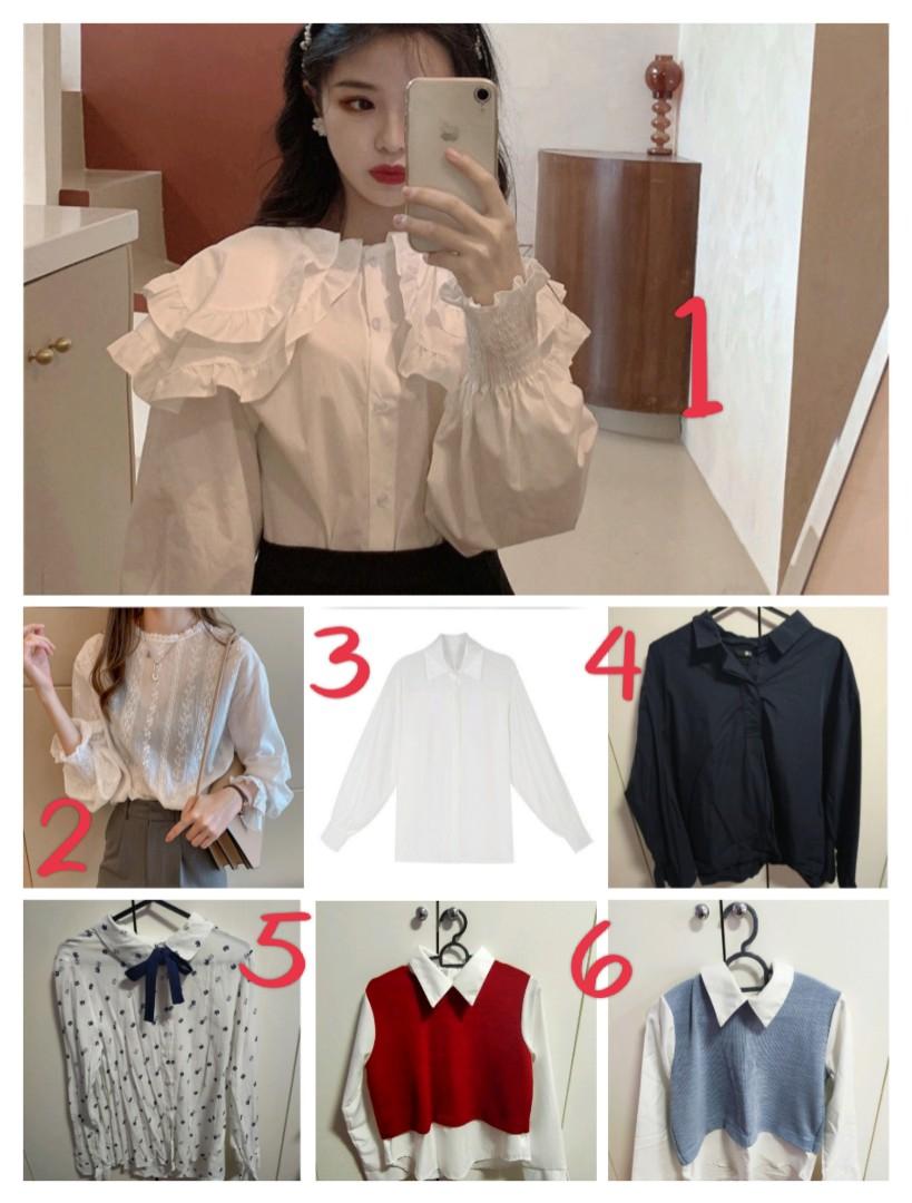 blue blouse, white blouse 
