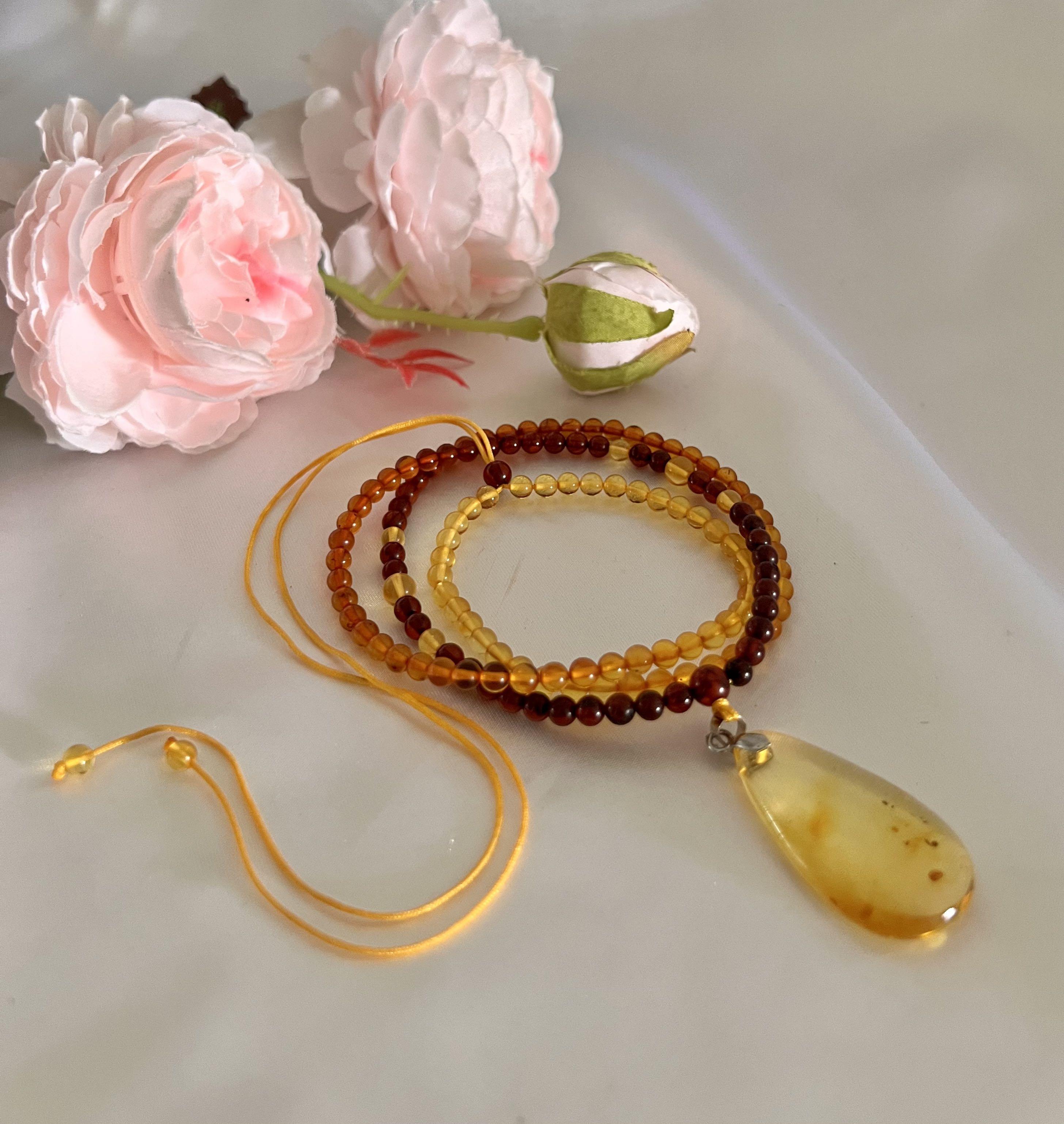 Rainbow Gradient Natural Amber Long Beaded Necklace and Pendant