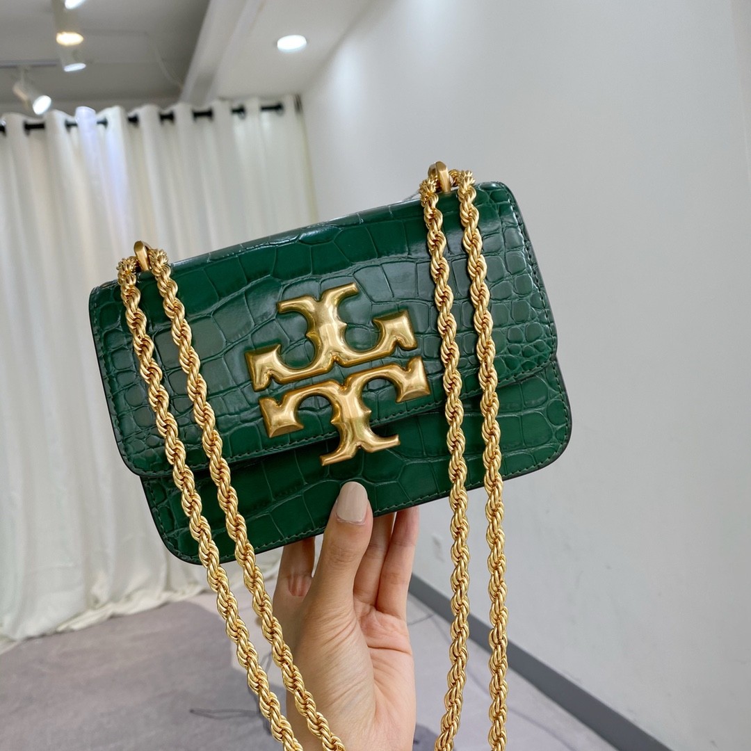 Tory Burch Eleanor Embossed Croc Chain Crossbody Bag Green