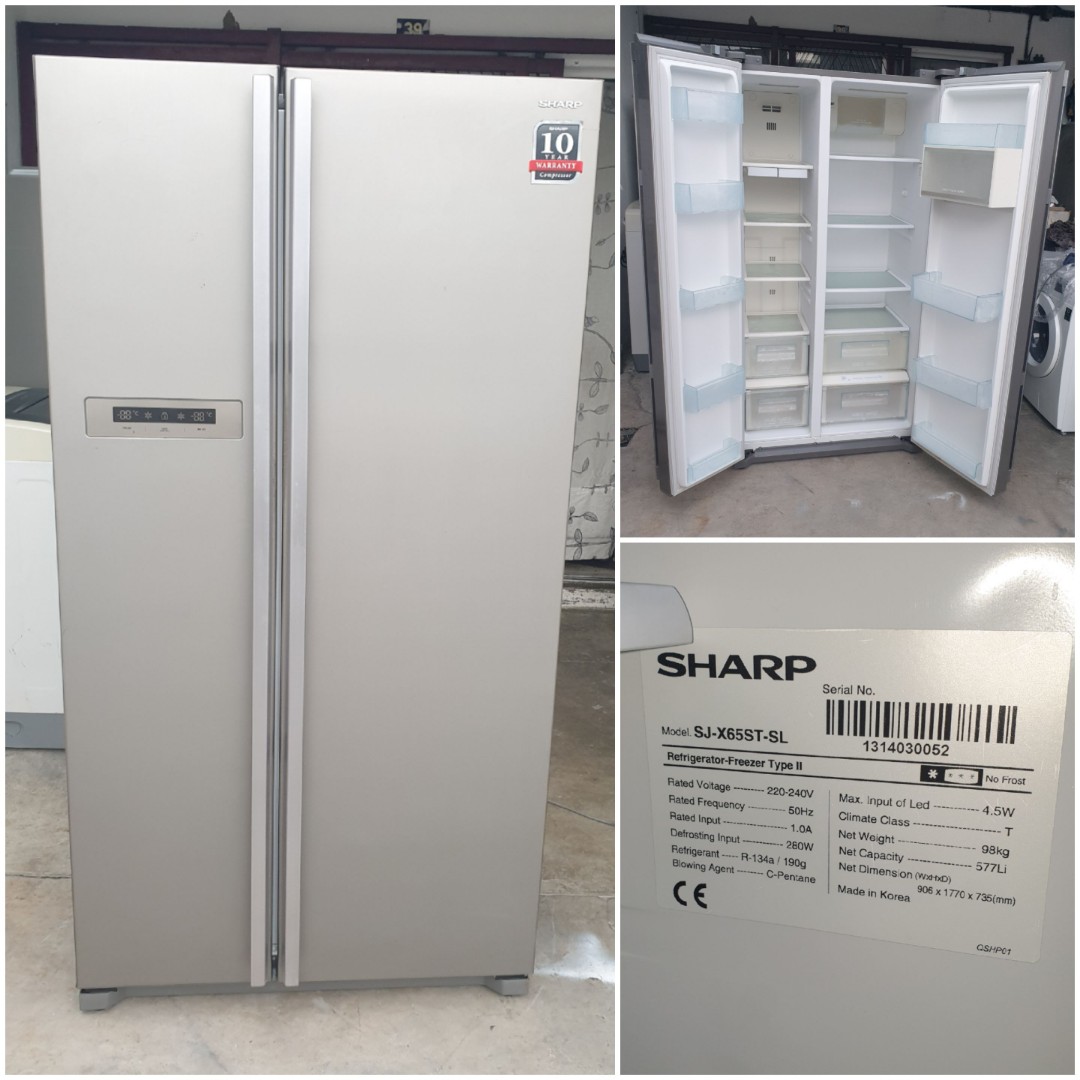 Used sharp side by side 2 doors fridge 577L, refrigerator peti sejuk