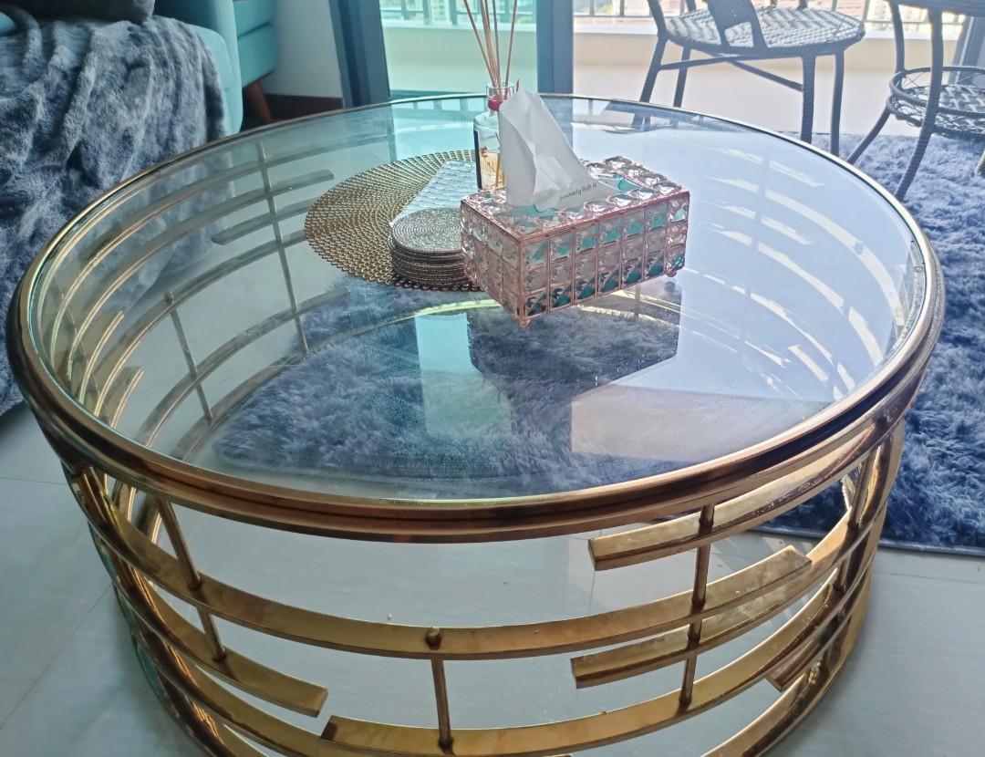 Well used Addison Round Gold frame Coffee table 1m (diameter), Furniture & Home Living