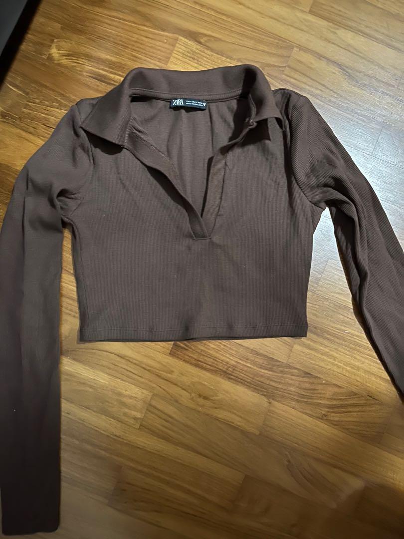 Zara Brown Collared Longsleeve Ribbed Crop Top, Women's Fashion, Tops,  Longsleeves on Carousell