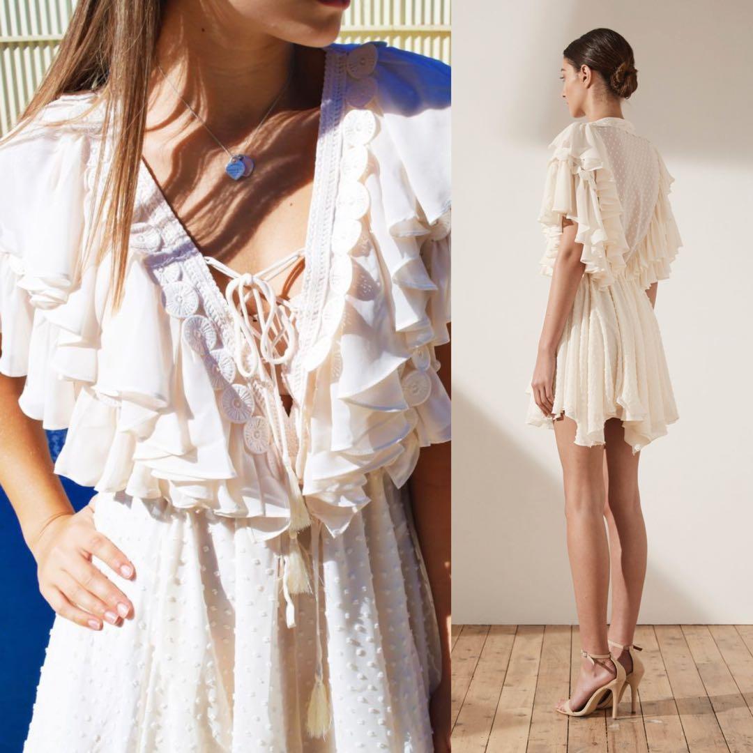 AU6 8 BNWT Shona Joy Stella Ruffled Drawstring Mini Dress Cream