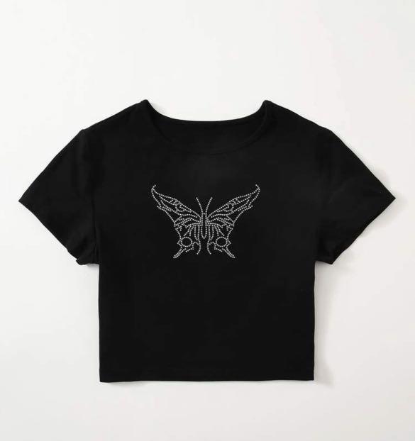 Black rhinestone butterfly baby tee, Women's Fashion, Tops, Shirts on  Carousell
