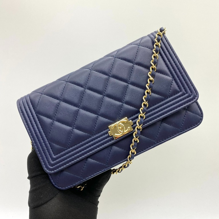 CHANEL LAMBSKIN NO.22 BOY WALLET ON CHAIN NAVY BLUE SHOULDER BAG 227005959,  Luxury, Bags & Wallets on Carousell