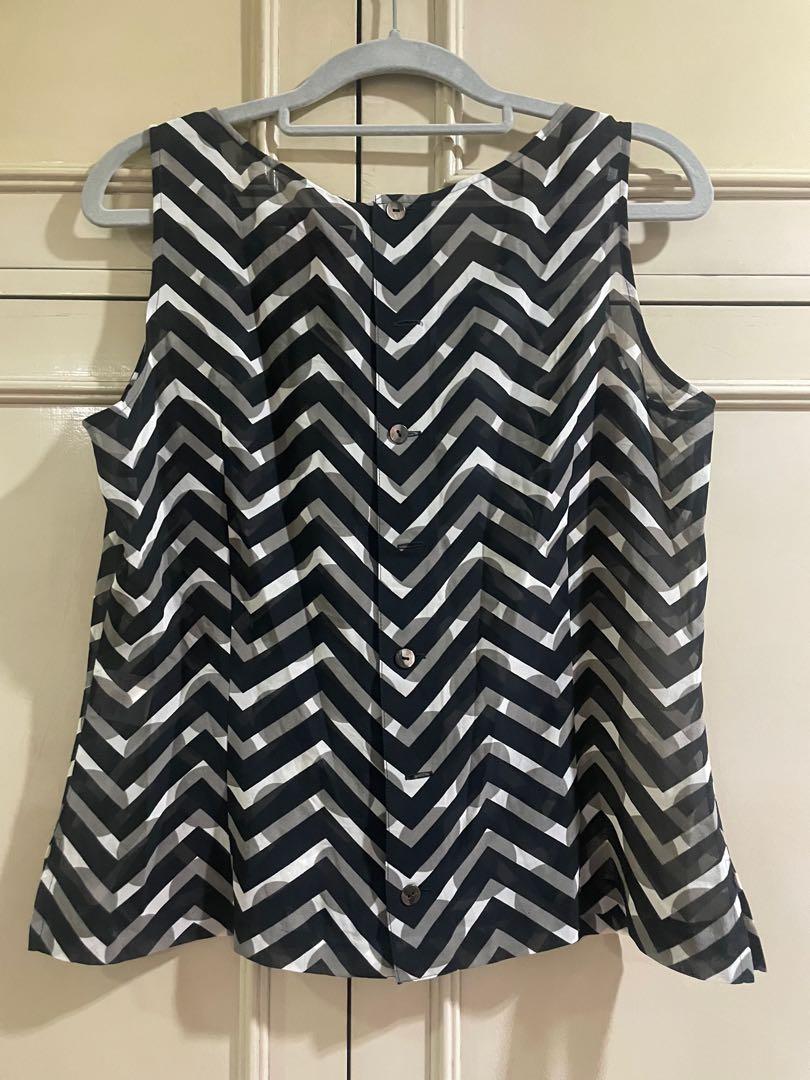 Chevron top with button back (Category: Sleeveless) located in Quezon City. Submitted by jujuloco (Listing ID 1153346445, Image 2). Description: Brand new chevron top with dot designs Size small Sleeveless Button back but can also be worn as front. No tag to show which side back or front. Fabric is a bit sheer but not very. Selling at good price. See tag srp is equal to 1650 php in pesos. Gcash and bpi Buyer covers shipping cost.