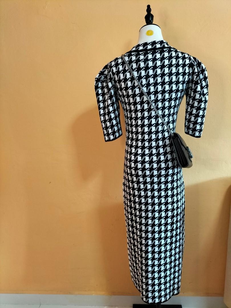 Knit dress elbow sleeve black/white houndstooth, Women's Fashion, Dresses u0026  Sets, Dresses on Carousell