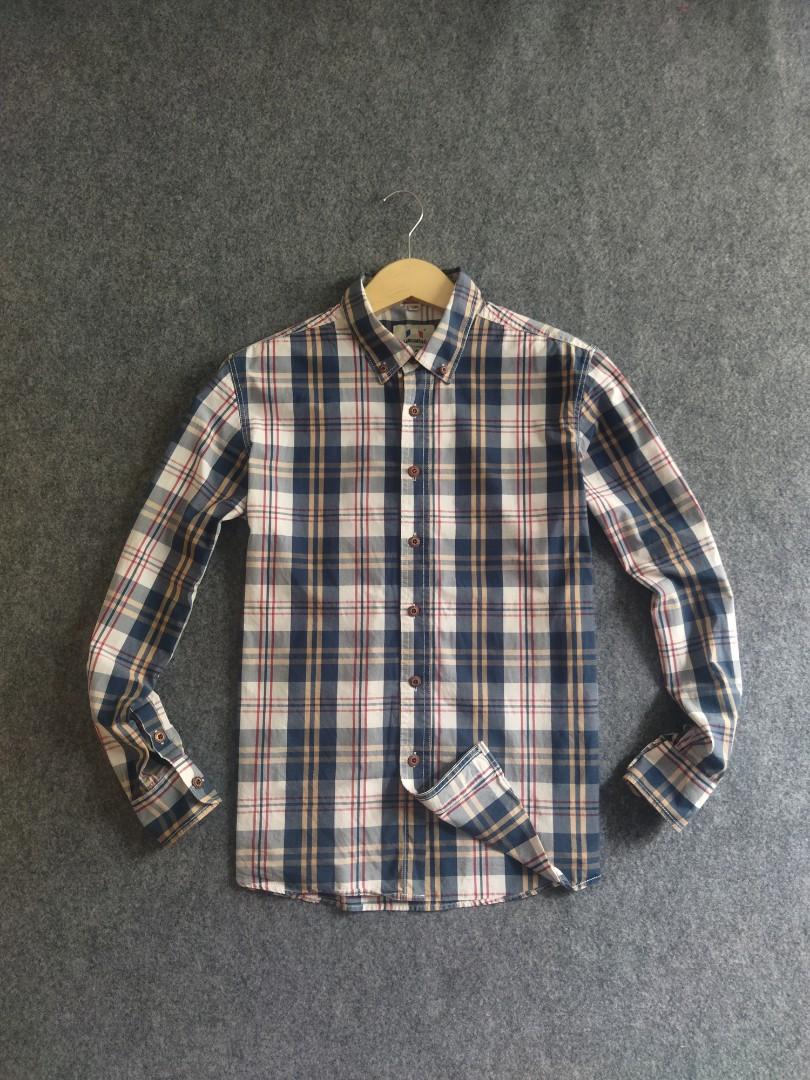Langmeng Plaid Shirt, Fesyen Pria, Pakaian , Atasan di Carousell