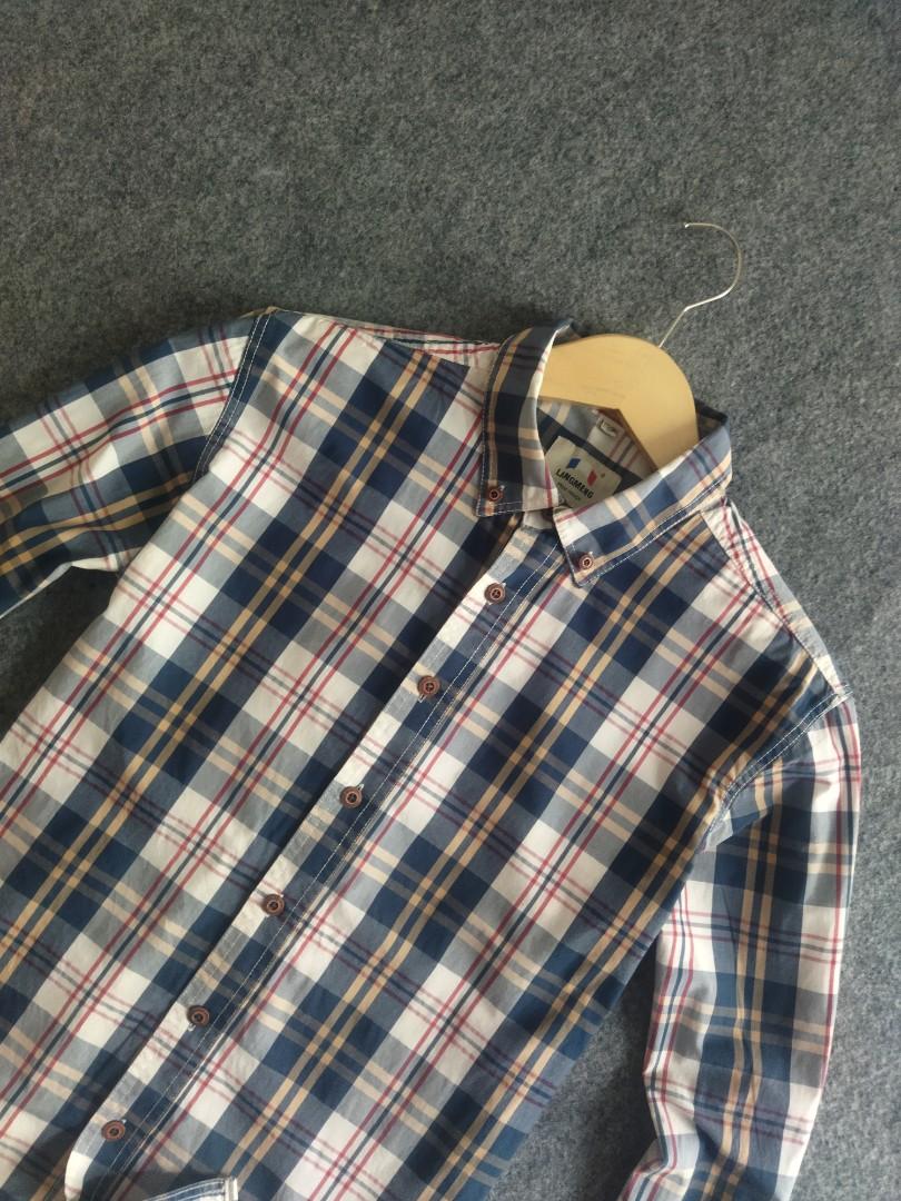 Langmeng Plaid Shirt, Fesyen Pria, Pakaian , Atasan di Carousell