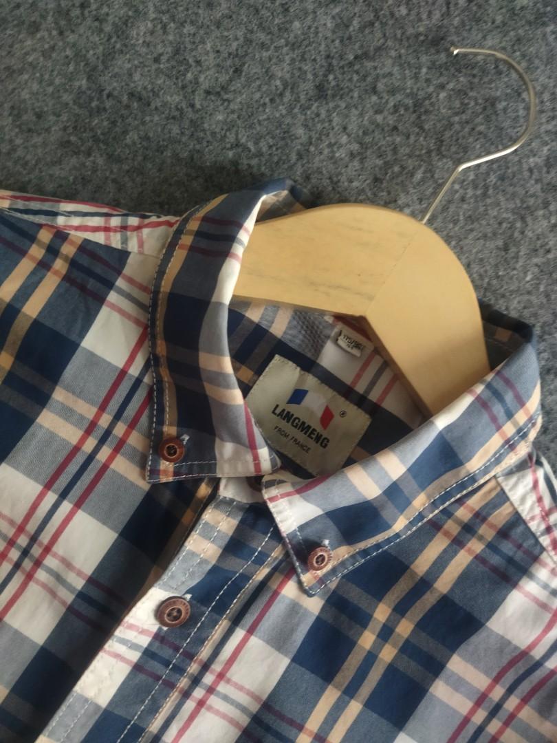 Langmeng Plaid Shirt, Fesyen Pria, Pakaian , Atasan di Carousell