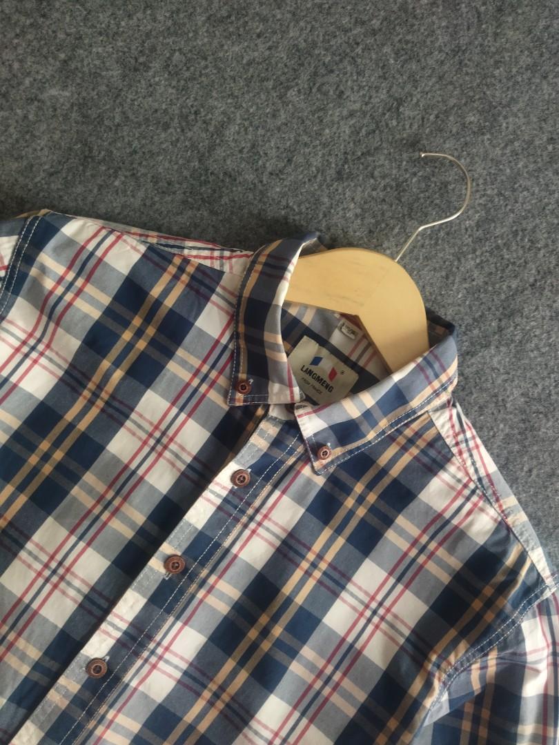 Langmeng Plaid Shirt, Fesyen Pria, Pakaian , Atasan di Carousell