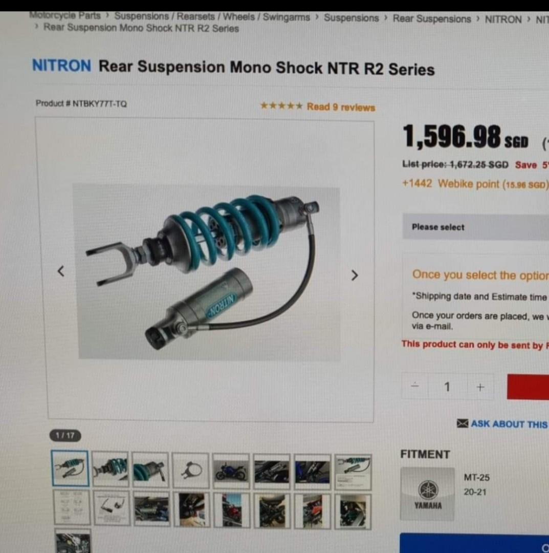 Nitron Rear Suspension Mono Shock NTR R2 series, Motorcycles