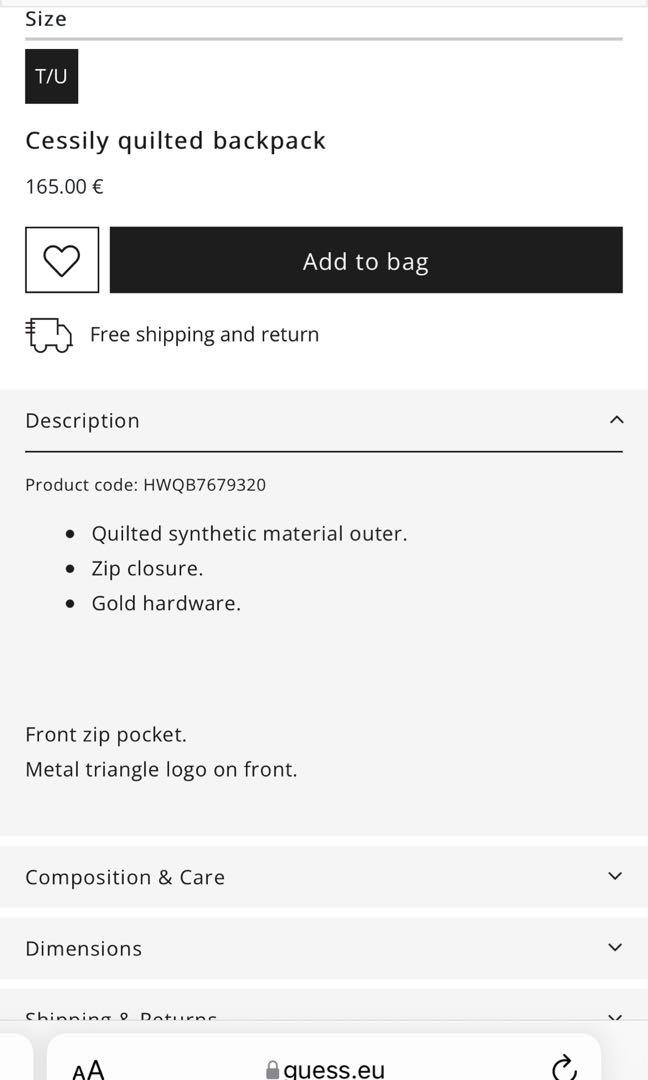 ORIGINAL Guess Cessily Quilted Backpack in Black, Women's Fashion, Bags