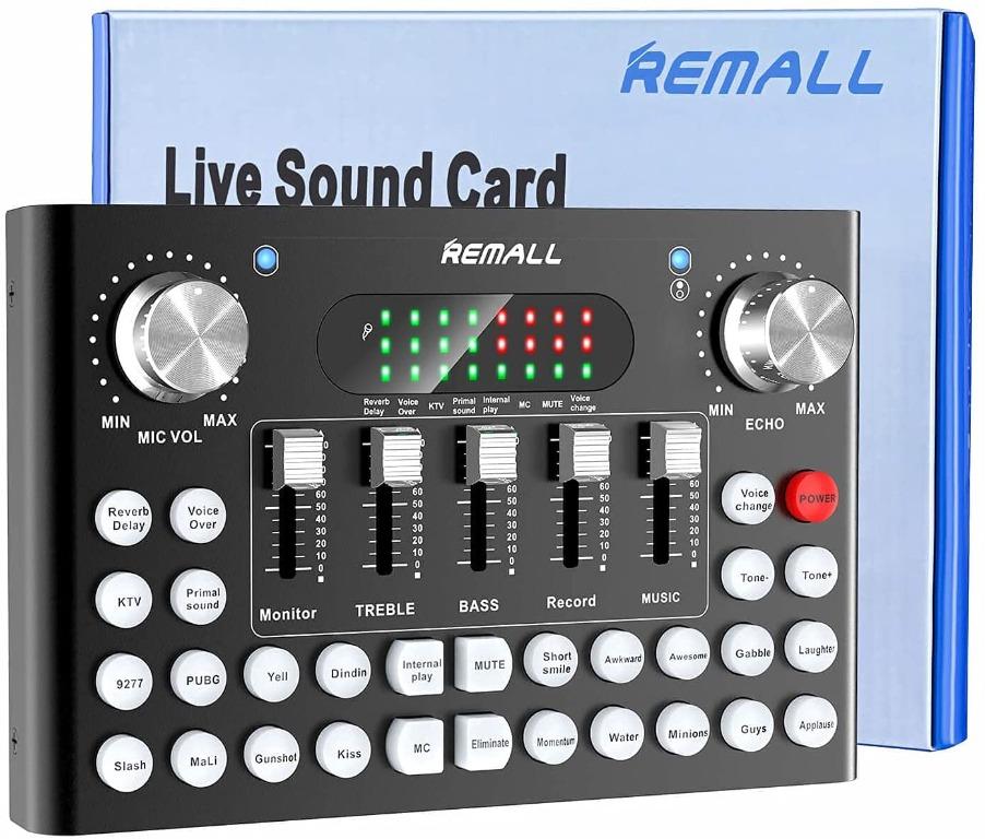 REMALL Sound Card with Effects and Voice Changer Type C Computer Audio Mixer for iPhone Black Cell Phone Laptop for Live Streaming Broadcasting Music Recording Popcast 