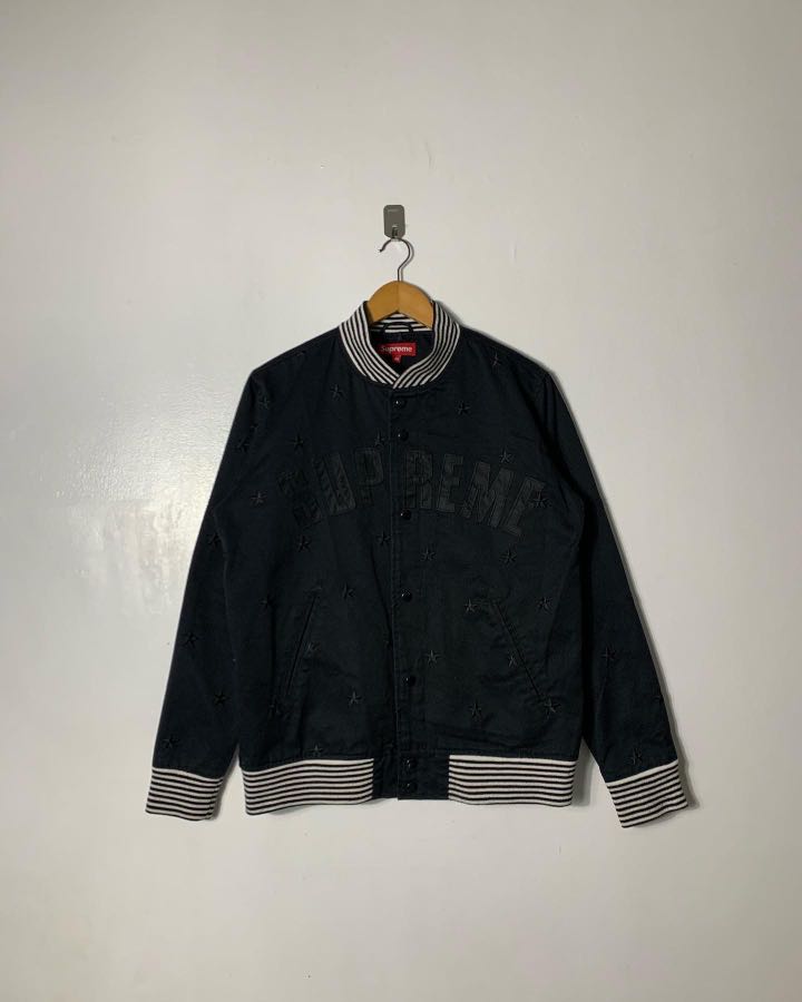 SUPREME BLACK DENIM VARSITY JACKET, Men's Fashion, Coats, Jackets and