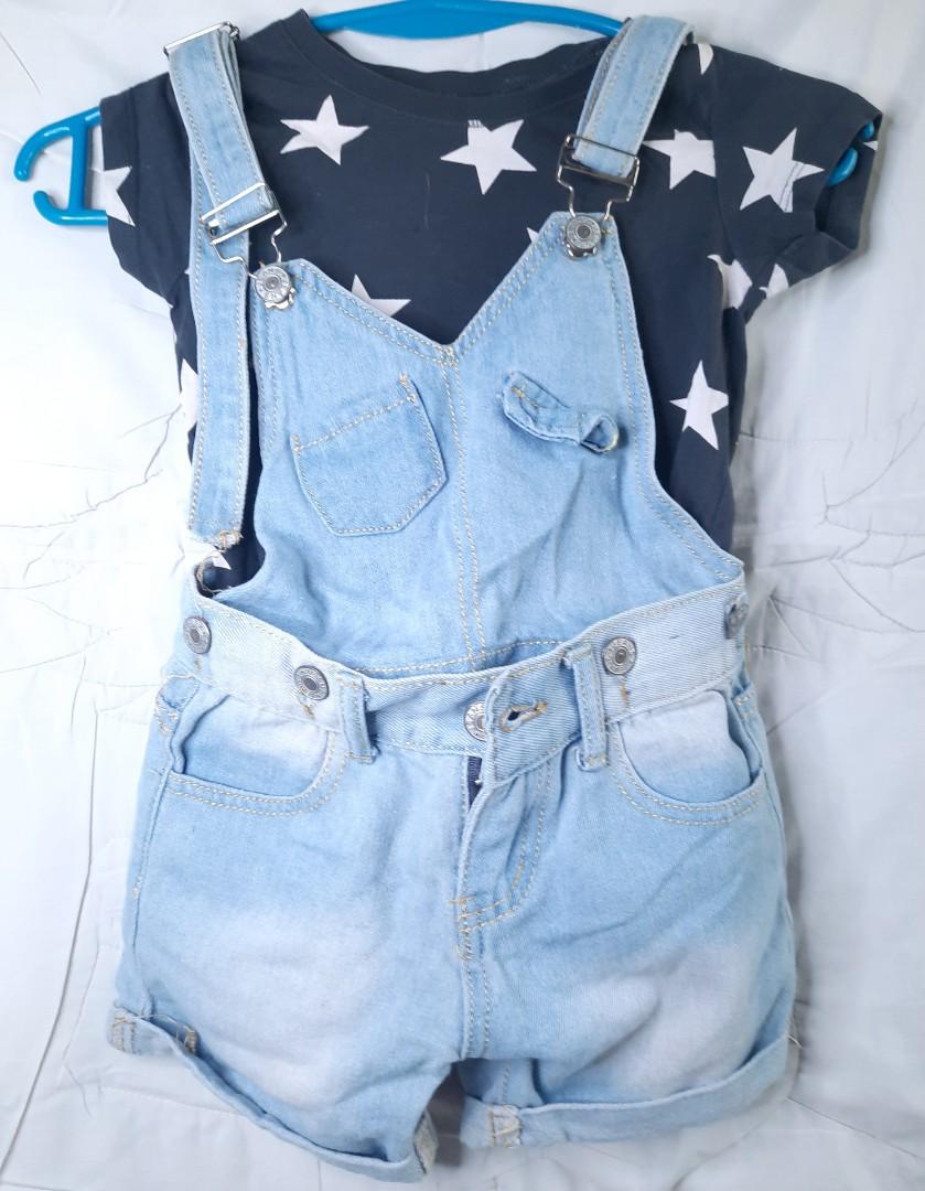 Overall denim shorts terno kids (Category: Babies & Kids Fashion) located in San Jose del Monte. Submitted by gnerk11 (Listing ID 1153210849, Image 1). Description: Denim jumper shorts size 10 Next tshirt 5yrs - 110cm.