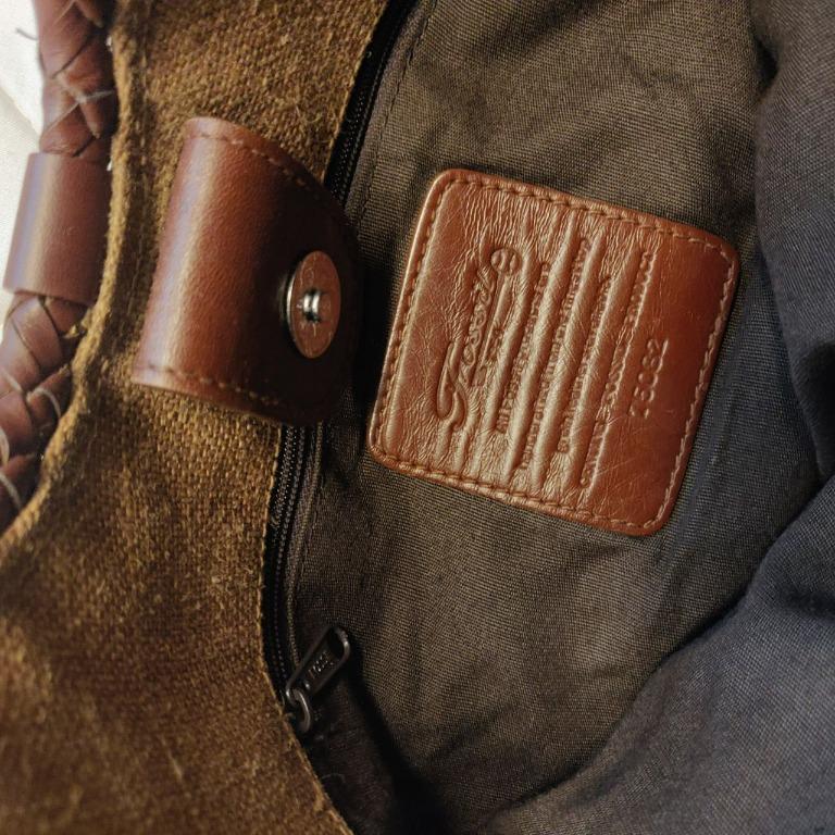 Vintage Thrifted Fossil Woven Genuine Leather Canvas Tote Bag, Women's