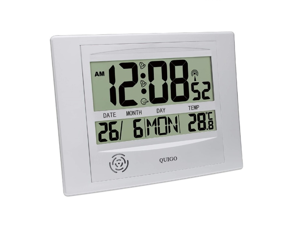 13441) QUIGO Radio Controlled Atomic Wall Clock, Date and Temperature