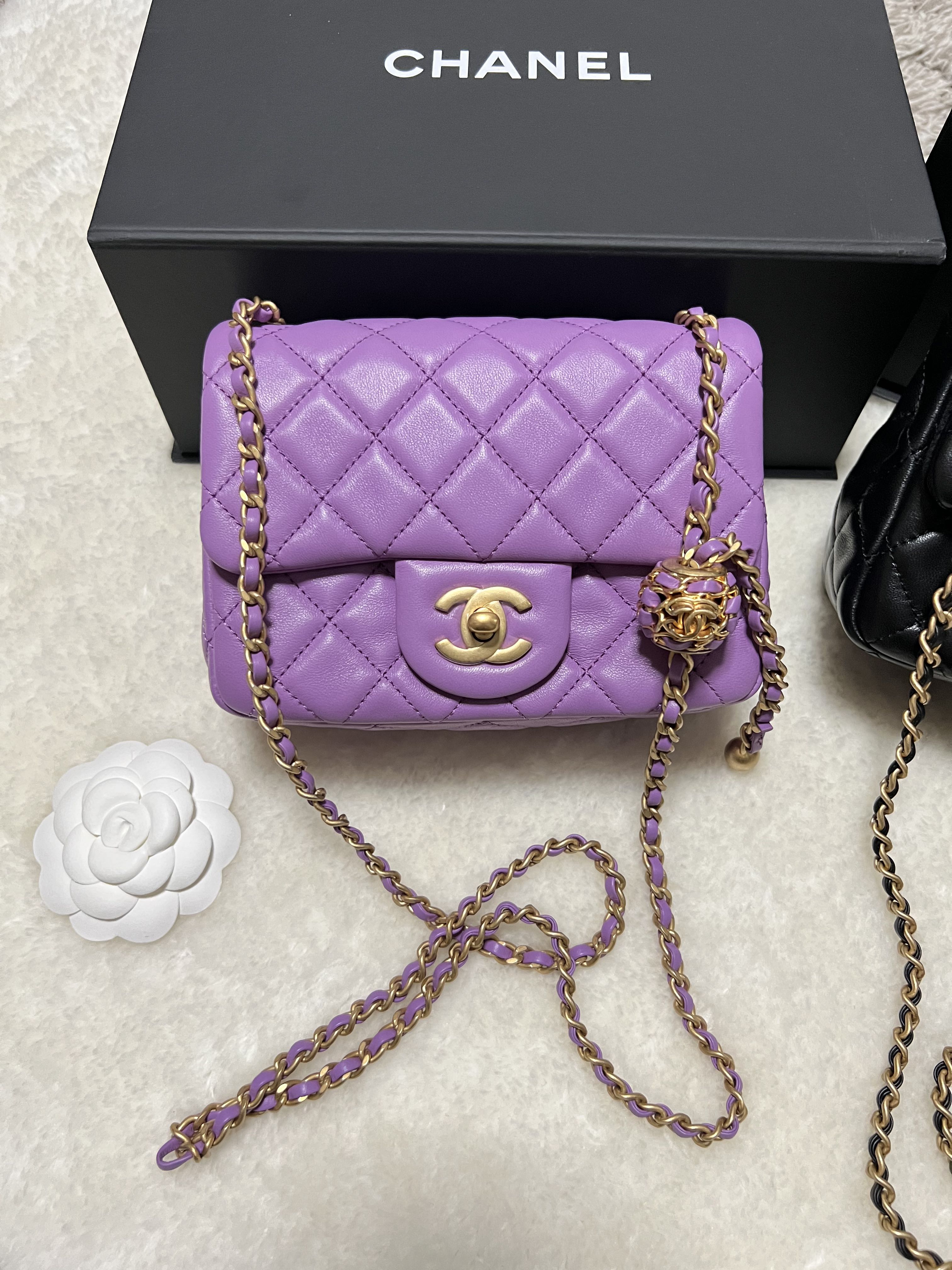 22S Chanel Mini Square Flap Bag Pearl Crush Purple GHW