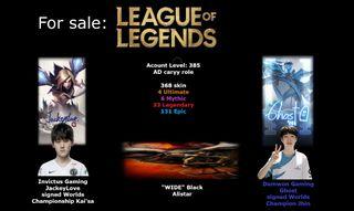 For sale League of Legends ADC Account - With Worlds 2018 and 2020 ADC Champions signed skin and Black Alistar