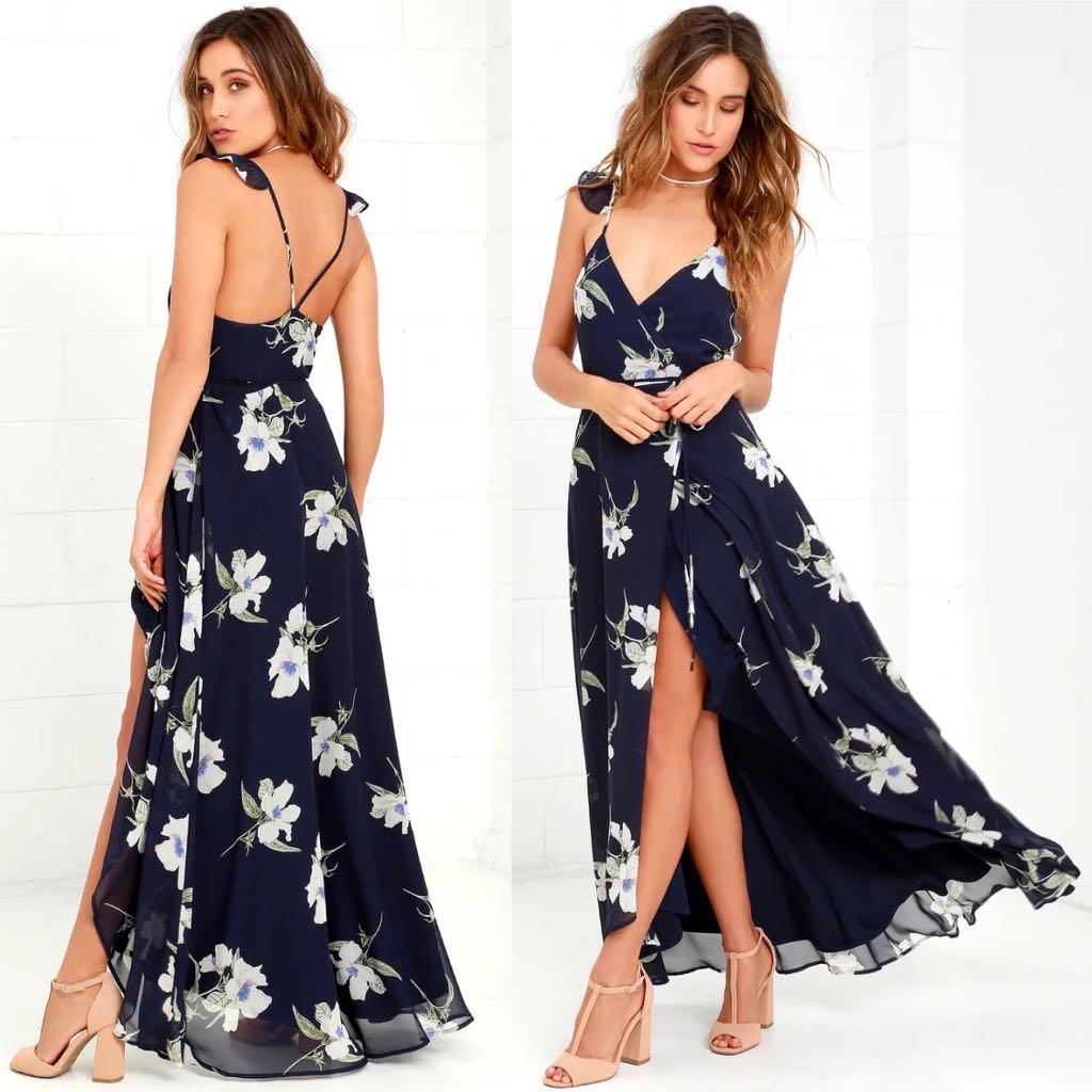 Lulus USA tobi brandy style All Mine Navy Blue flower botanical tropical Floral Print High Low Wrap Dress cami camisole frill spaghetti straps criss
