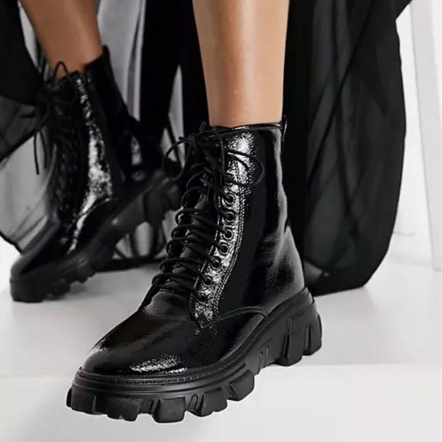 Shiny black lace up boots cheap