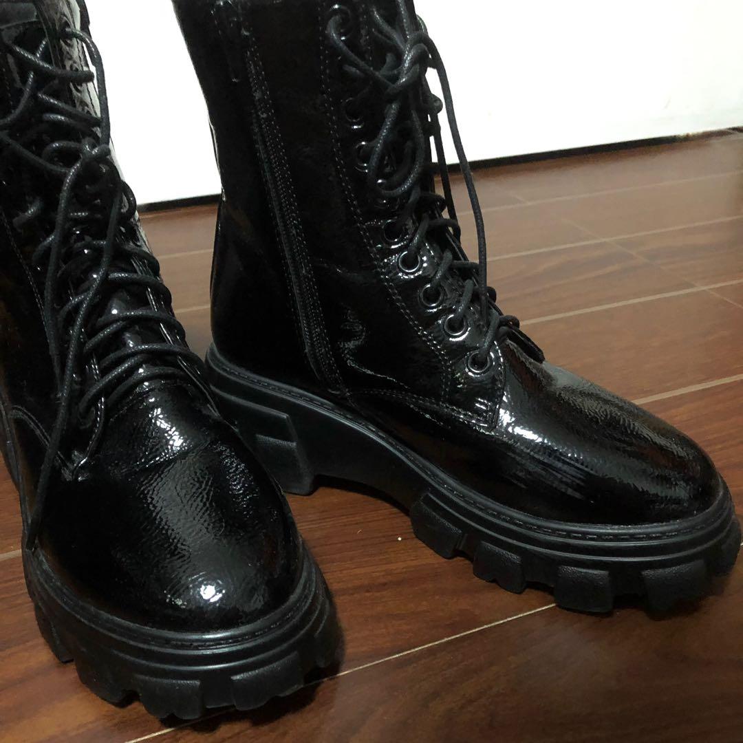 Pimkie (from Zalora) Patent Leather Chunky Lace Up Boots Preloved