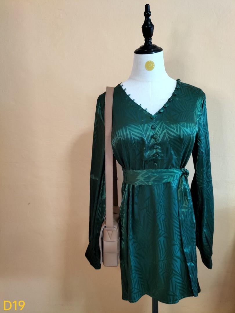 long sleeve green satin dress