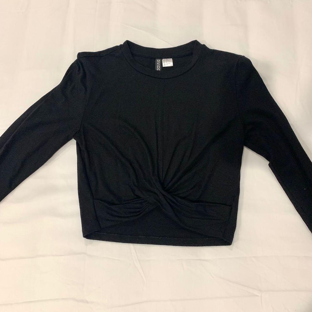 H\u0026M Black Long Sleeve Twisted Knot Crop Top