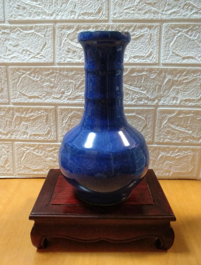 宋汴京官窯款  藍釉弦紋開片瓶, 興趣及遊戲, 收藏品及紀念品, 古董收藏