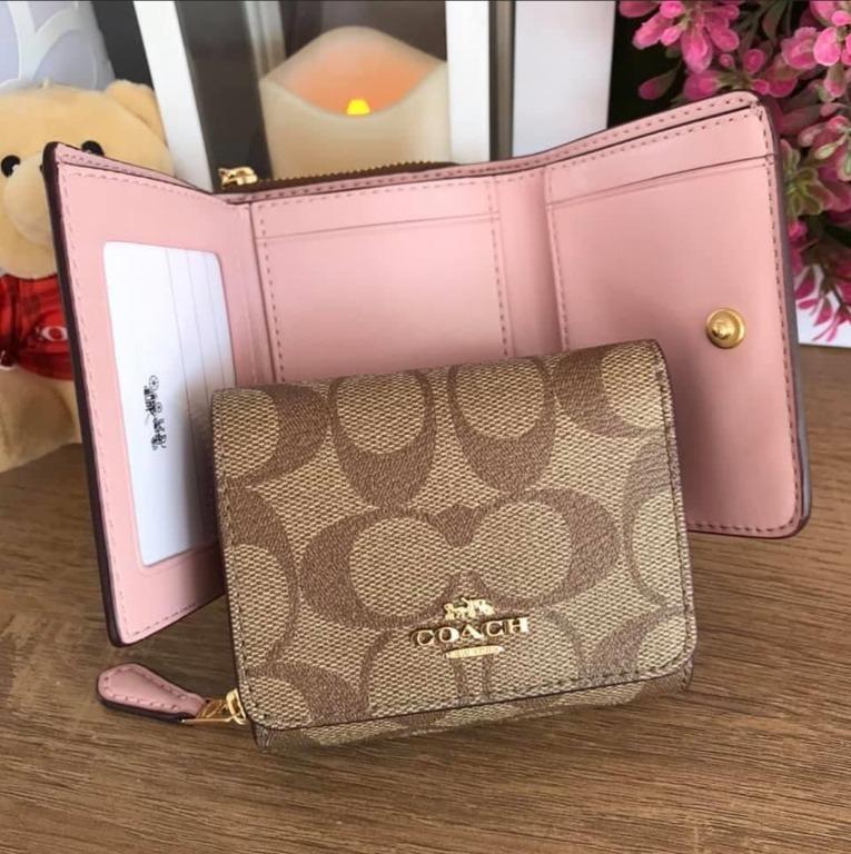 Coach Original Women's Small Trifold Wallet In Signature Canvas F41302 -  Khaki / Pink, Women's Fashion, Bags & Wallets, Wallets & Card holders on  Carousell