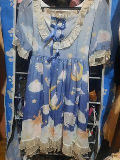 FREE SHIPPING Cute Dark Blue Lolita Dress/OP Star Moon Sky and Bird Print (Kawaii/Vintage/Y2K/Dollcore Liz Lisa Insp. Cosplay Costume)