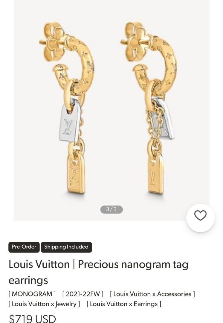 Louis Vuitton Precious Nanogram Tag Earrings Metal Gold 191417223