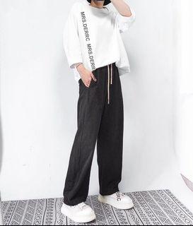棉混紡顯瘦休閒口袋抽繩造型褲(黑色)