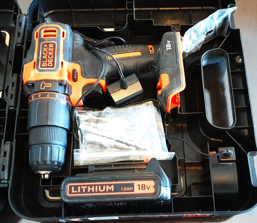 Black & Decker 18V LiIon Cordless Drill Driver Kit Box With Hammer Drill Bit Set BDCHD18K, TV