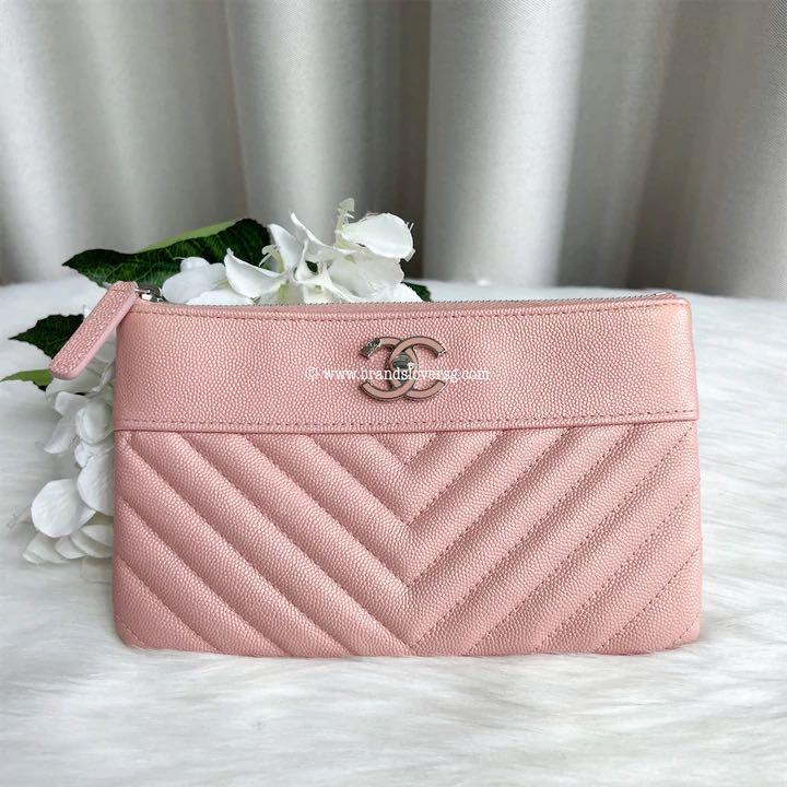 Iridescent Light Pink Chevron Quilted Caviar Zip Around Coin Purse Silver  Hardware, 2017