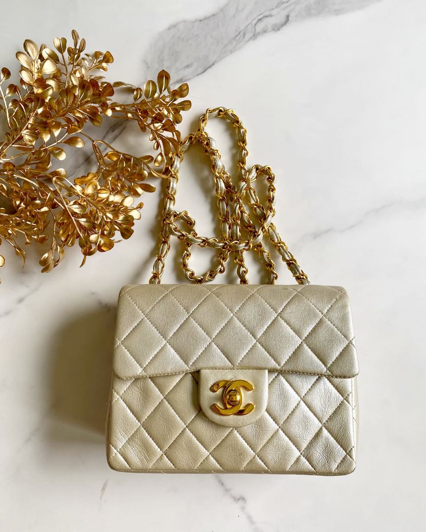 Chanel vintage mini square (17cm) lambskin in champagne gold with gold ...