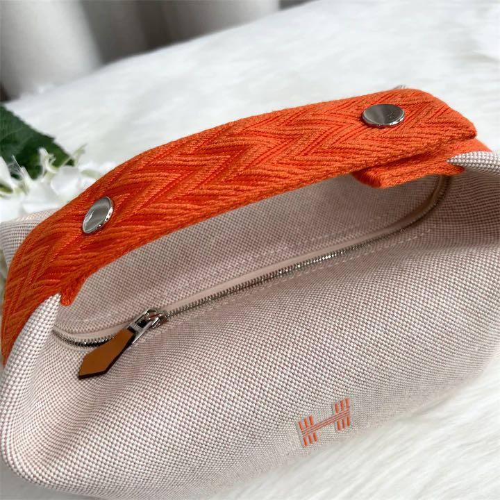 ✖️SOLD✖️ Hermes Small Bride a Brac in Beige Canvas and Orange Handle
