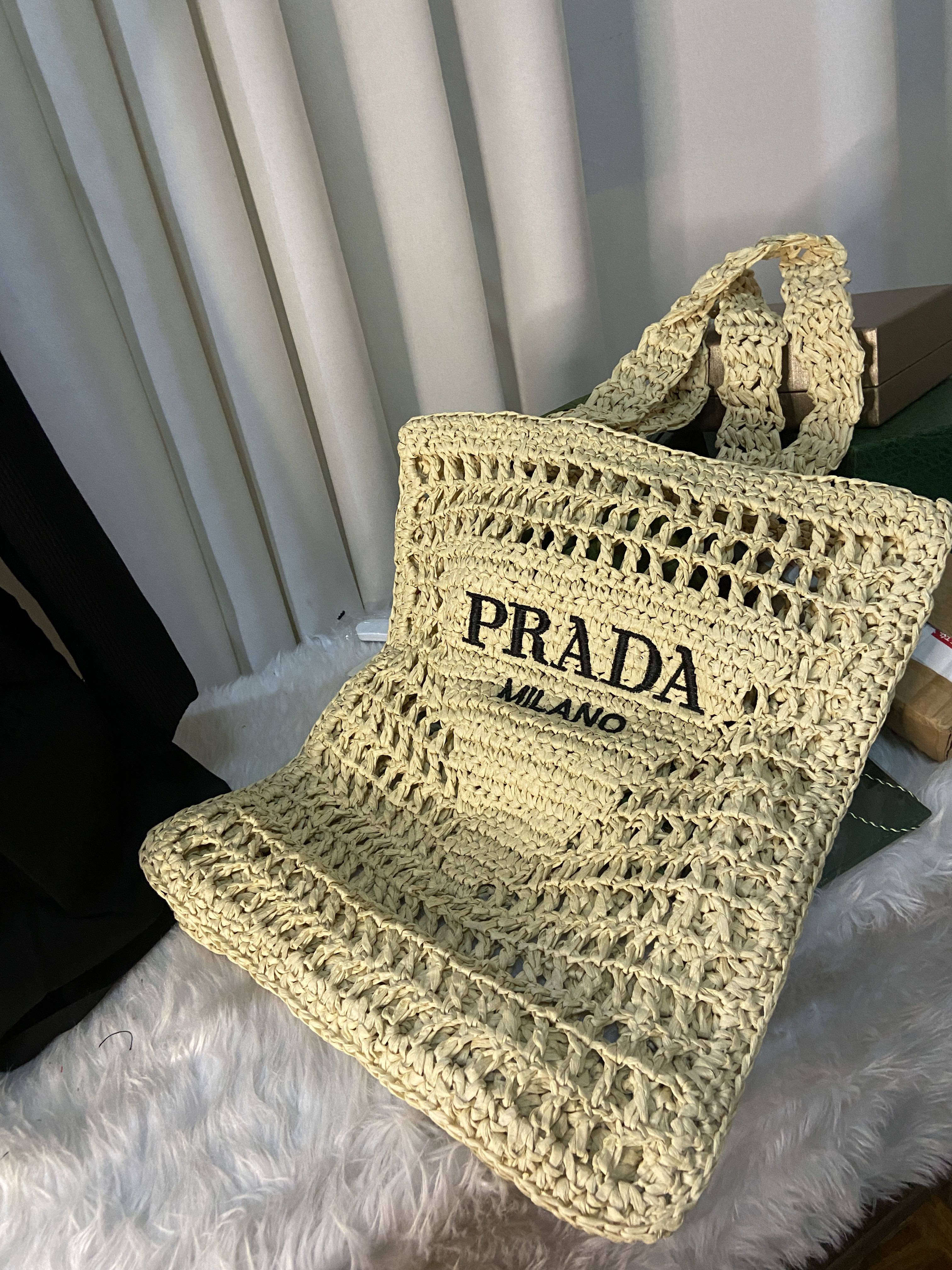 Prada raffia tote crochet weave aesthetic bag preorder, Luxury, Bags &  Wallets on Carousell