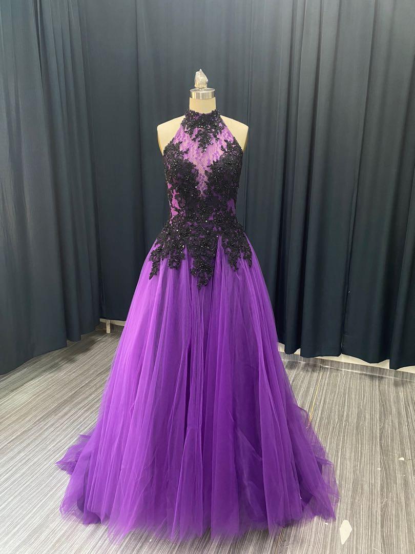 Black Purple Gothic Mermaid Wedding Dresses with Sleeves Sequin Lace Bridal  Gown | eBay