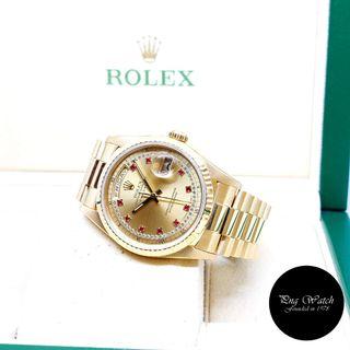 Rolex 36mm Oyster Perpetual 18K Full Yellow Gold Champagne String Diamonds & Rubies Day-Date REF: 18238 (N Series)