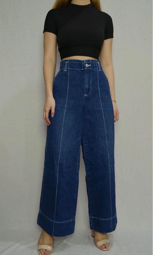 Wide Leg Contrast Stitch Pants, Women's 