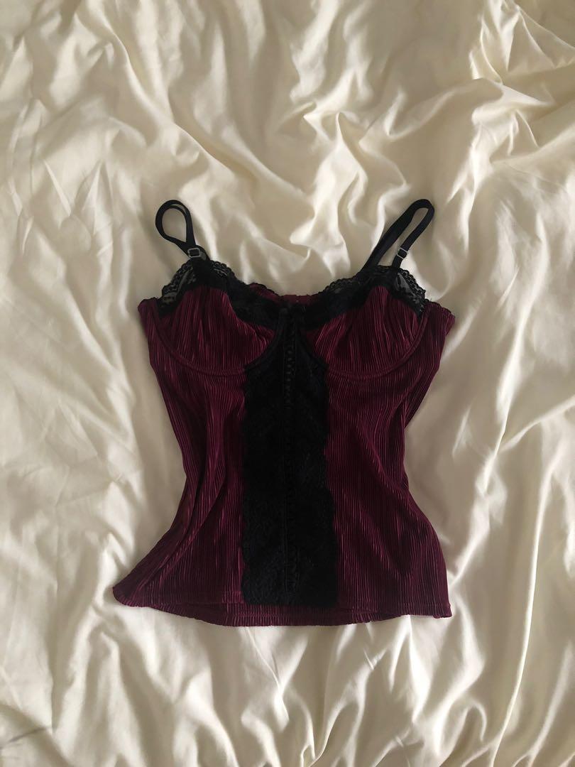 y2k dark red bustier corset, Women's Fashion, Tops, Sleeveless on Carousell