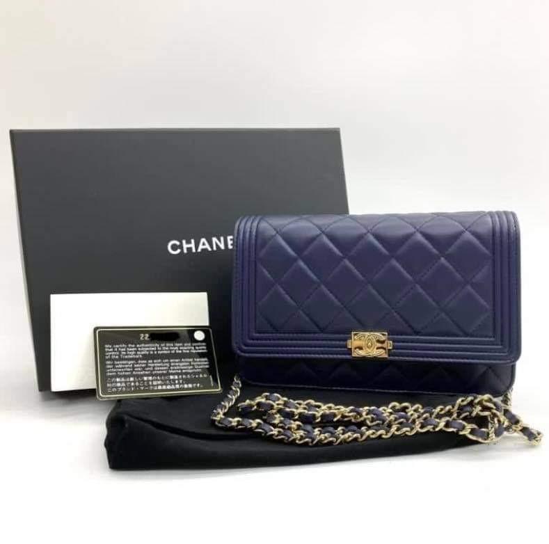 100% Authentic Chanel Le Boy Wallet On Chain Lambskin in Navy Blue