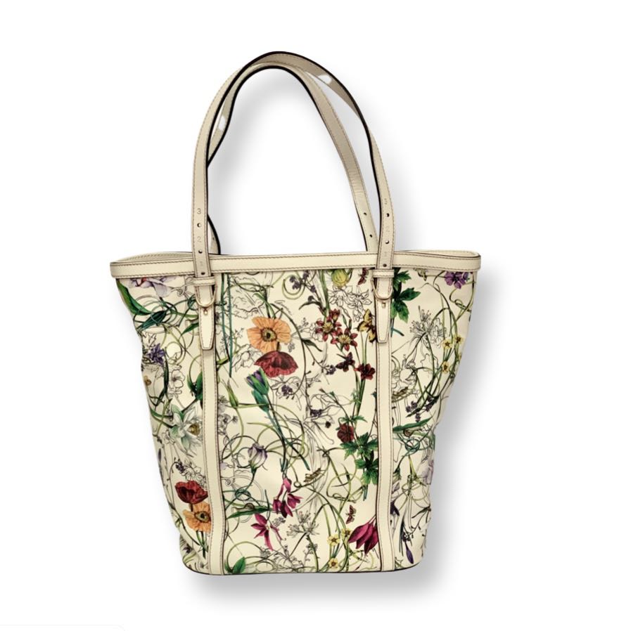 Authentic GUCCI White Botanical Floral Canvas Tote Bag, Luxury, Bags ...