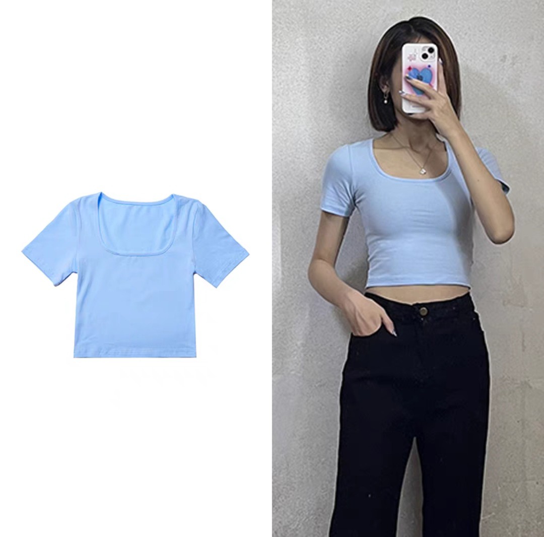 light blue square neck top, Women's Fashion, Tops, Shirts on Carousell