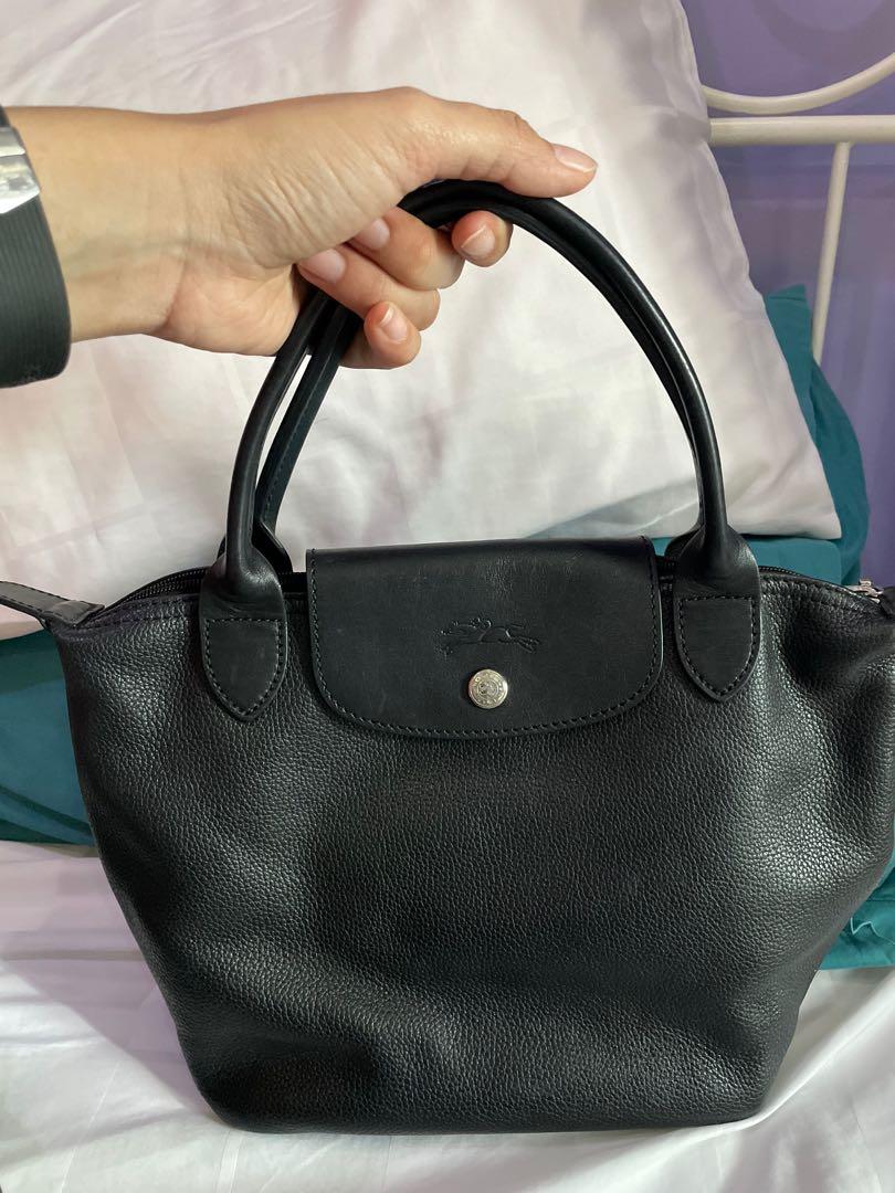 Longchamp Black Leather Le Pliage short handle tote s