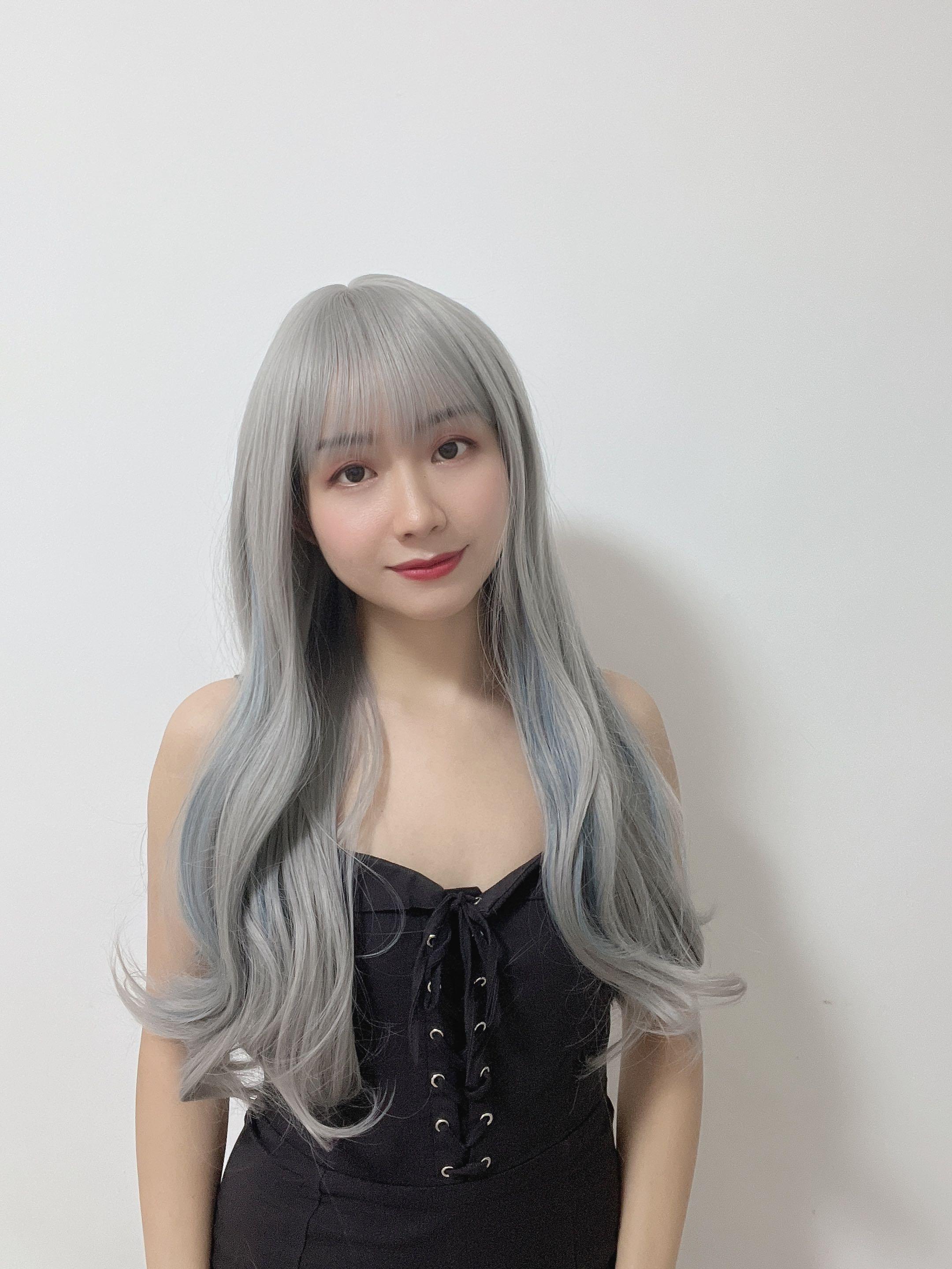 Ready Stock Wig Grey Blue Highlight C Curl Long Wig Real Photos