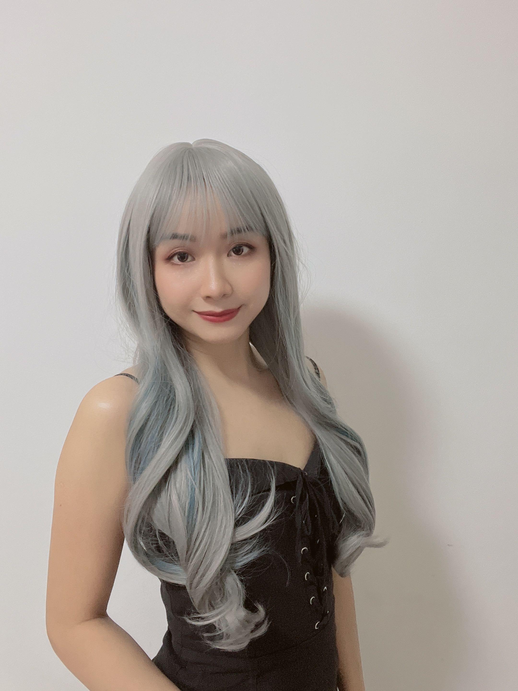 Ready Stock Wig Grey Blue Highlight C Curl Long Wig Real Photos