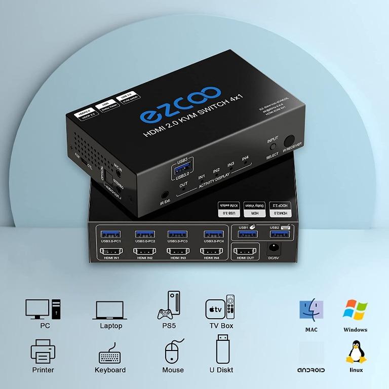 USB 3.0 KVM Switch HDMI 4K 60Hz 4-Port SPDIF L/R Extractor- USB ...